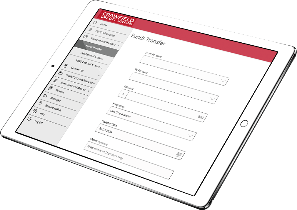 Tablet with Easthigh Credit Union funds transfer on the screen