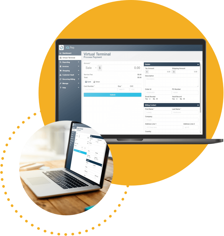 Laptop with virtual terminal for processing credit cards.